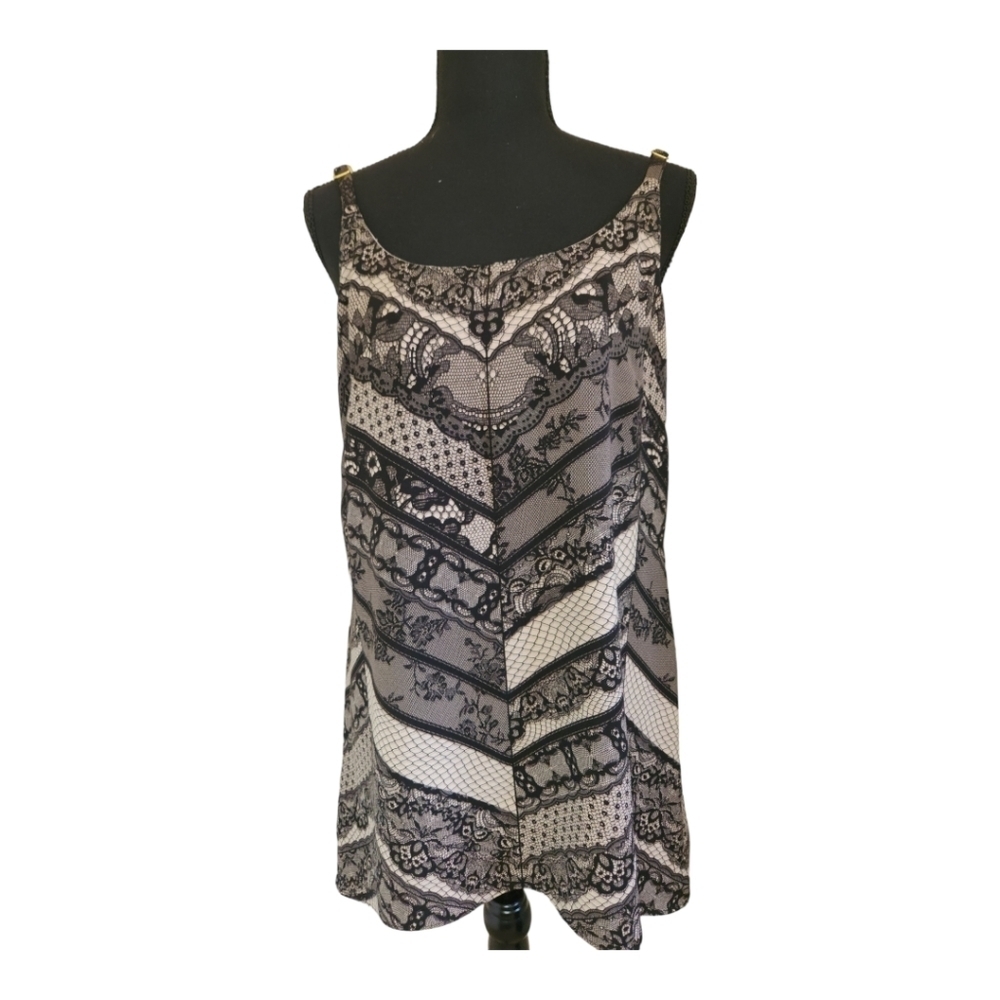 CABI A-line printed flowy mini dress sundress lace print black cream size medium
